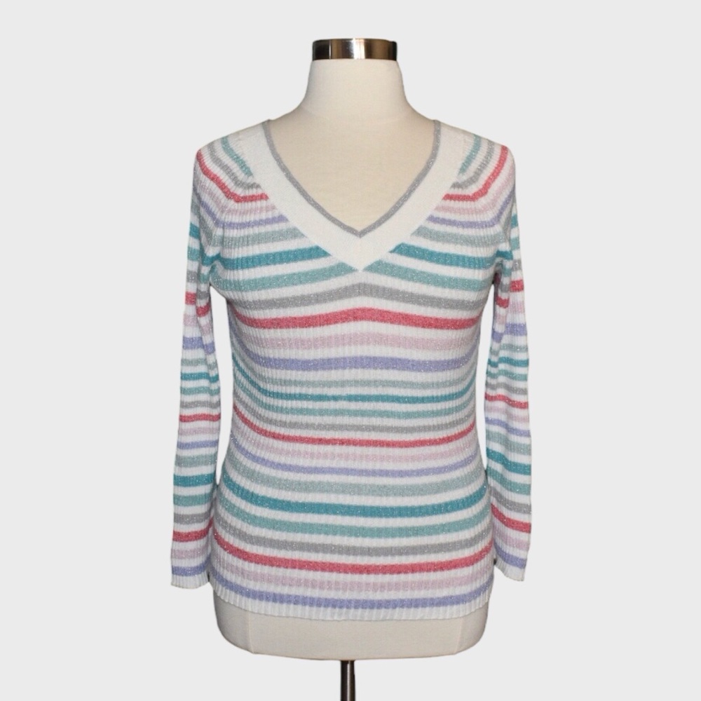 New York & Co Shimmery Stripe Ribbed V Neck Sweater